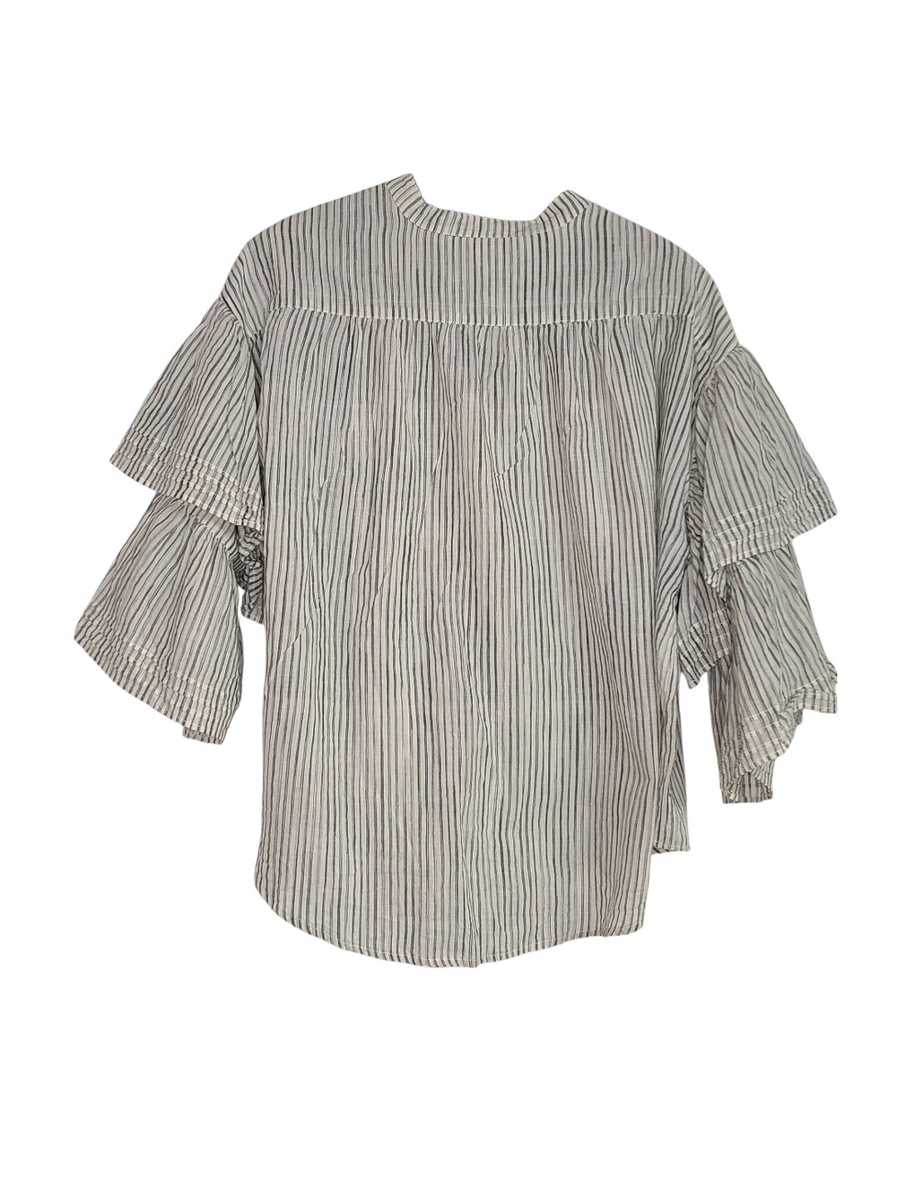 Share With Striped V-Neck Tunic Blouse Multi Tiered Ruffle Sleeve Size 2 - Picture 3 of 8
